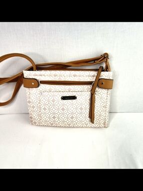 ROSETTI White Geometric Pattern Tote Bag with Tan Trim